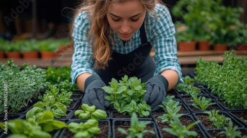 Young woman tending to mint plants in a greenhouse during the afternoon in sp...