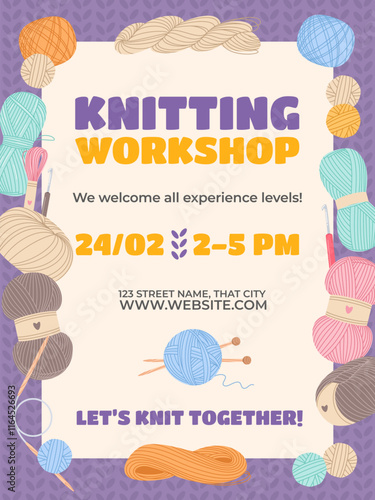 Knitted classes invitational poster. Workshop announcement, cartoon frame from skeins of wool thread, handmade cozy products, embroidery hoops, flyer template, crafting card, vector concept