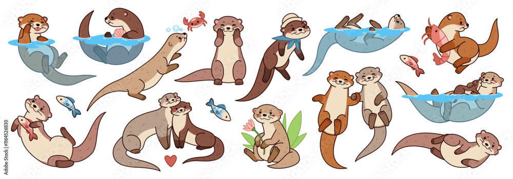 Fototapeta premium Funny cartoon otters. River, sea mammals, cute water animals, happy pet mascot, different poses, actions, swimming, fishing, couples and mom with kid, tidy vector isolated set