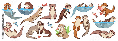 Funny cartoon otters. River, sea mammals, cute water animals, happy pet mascot, different poses, actions, swimming, fishing, couples and mom with kid, tidy vector isolated set