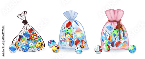 Bags with colored glass balls. Marbles game, transparent spheres in pouches, abstract patterns inside, shiny glossy crystal objects, decorative compositions tidy vector isolated set