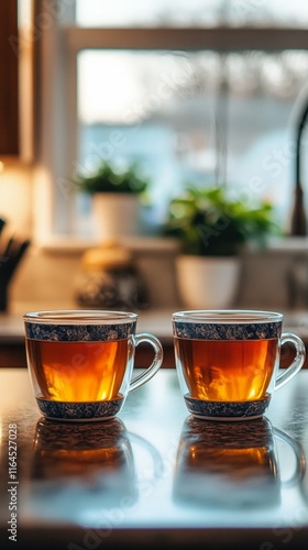 Warm cups of tea resting on a countertop near a sunlit kitchen window in the ...