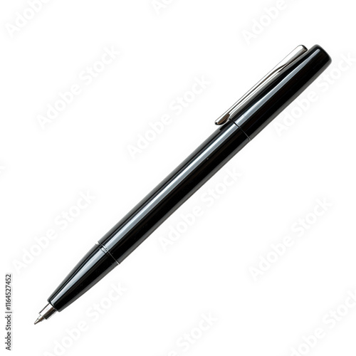 sleek. black pen positioned diagonally on a plain white background. showcasing its design and functionality this writing instrument is commonly used for note-taking. signing documents. and other writi photo