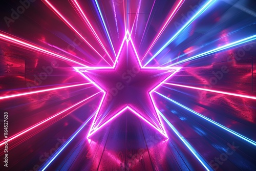 neon abstract background, red blue violet glowing lines, star shape, ultraviolet light, laser rays