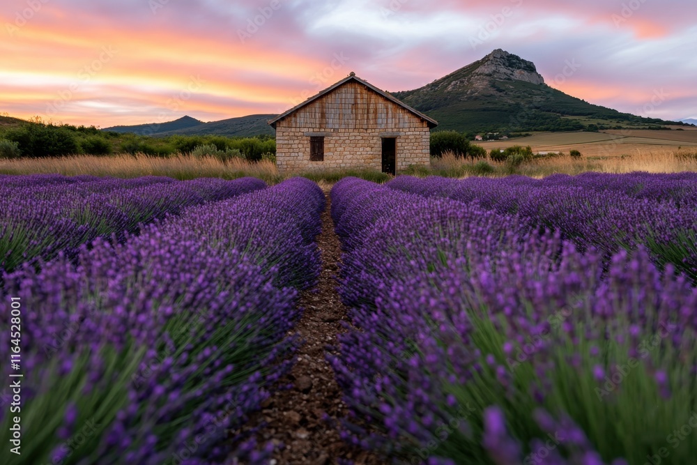A vibrant lavender field stretches toward a rustic house under a colorful sunset, creating a stunning visual of nature's beauty and the tranquility of rural living. A vibrant lavender field stretches toward a rustic house under a colorful sunset, creating a stunning visual of nature's beauty and the tranquility of rural living.