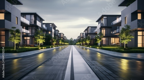 Minimalist urban scene  black asphalt roads, grey sidewalks, and white houses with green accents