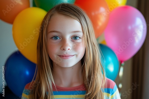 Brightly dressed girl smiles joyfully in front of colorful balloons at a fest...