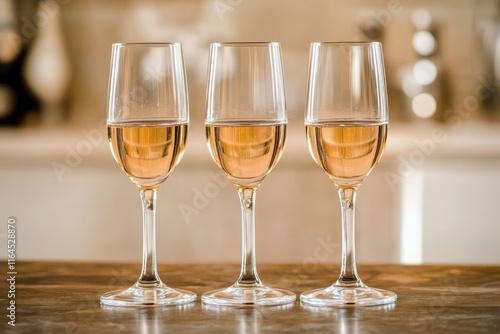 Elegant champagne glasses on a rustic wooden table in a cozy setting
