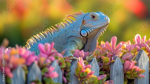 Iguana sunbathing on a garden fence surrounded by vibrant foliage in the afte...