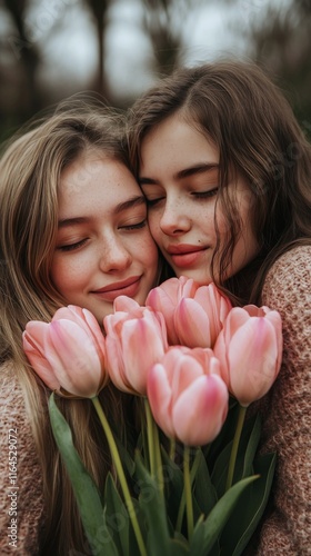 Two friends embracing each other while holding pink tulips in a cozy setting ...