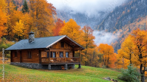 Cozy log cabin surrounded by vibrant autumn foliage in a mountainous region