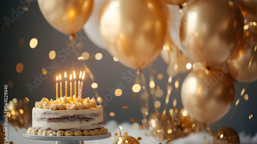 A delightful birthday setup featuring golden balloons, flickering candles on a cake and shimmering confetti scattered all around photo