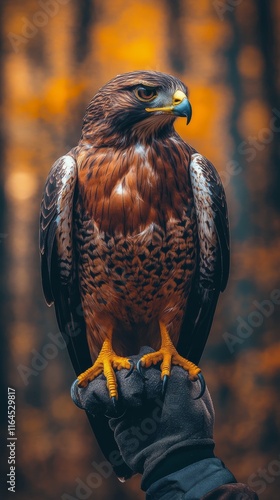 Majestic hawk perched on gloved hand during an autumn day in the forest