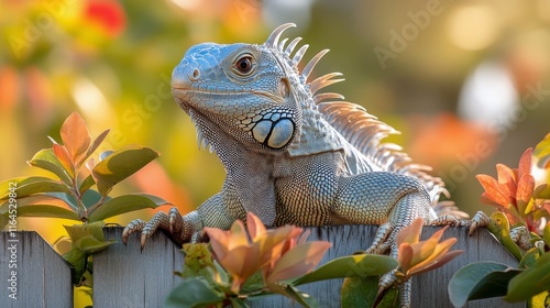 Iguana sunbathing on a garden fence surrounded by vibrant foliage in the afte...