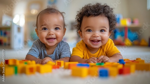 Children play with colorful building blocks on a soft rug in a bright, inviti...