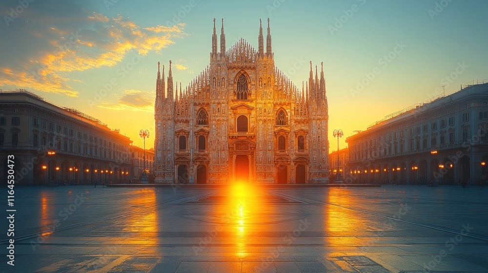 Fototapeta premium Majestic cathedral at sunrise, city square reflecting golden light.