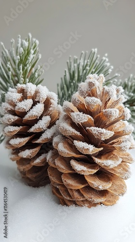 Winter scene with snow-covered pine cones on a wooden base in a calm environment