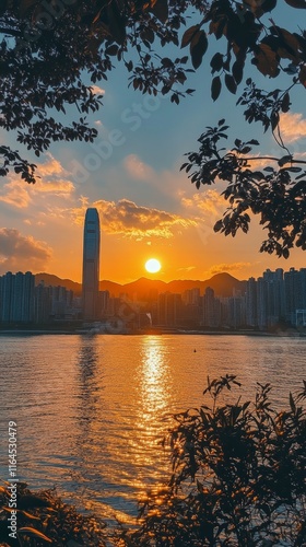 Sunset over city skyline with reflections in water and palm leaves framing th...