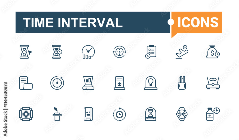 Time Interval icon collection. Contains related to Duration And Time, schedule, length, timetable, app, home, timer and more. Minimal icons. Vector illustration in modern line style. Time Interval icon collection. Contains related to Duration And Time, schedule, length, timetable, app, home, timer and more. Minimal icons. Vector illustration in modern line style.