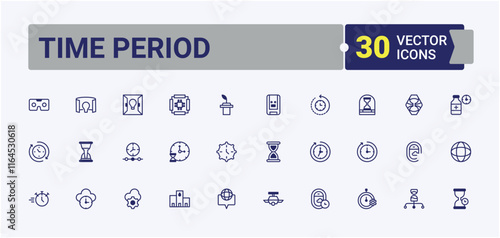 Time Period icon collection. Featuring fall, mark, timer, day, tomorrow, glass, Duration and more. Symbol. Editable vector outline and solid icons.