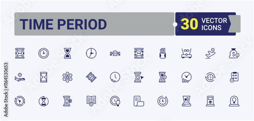 Time Period icon collection. Featuring fall, mark, timer, day, tomorrow, glass, Duration and more. Symbol. Editable vector outline and solid icons.
