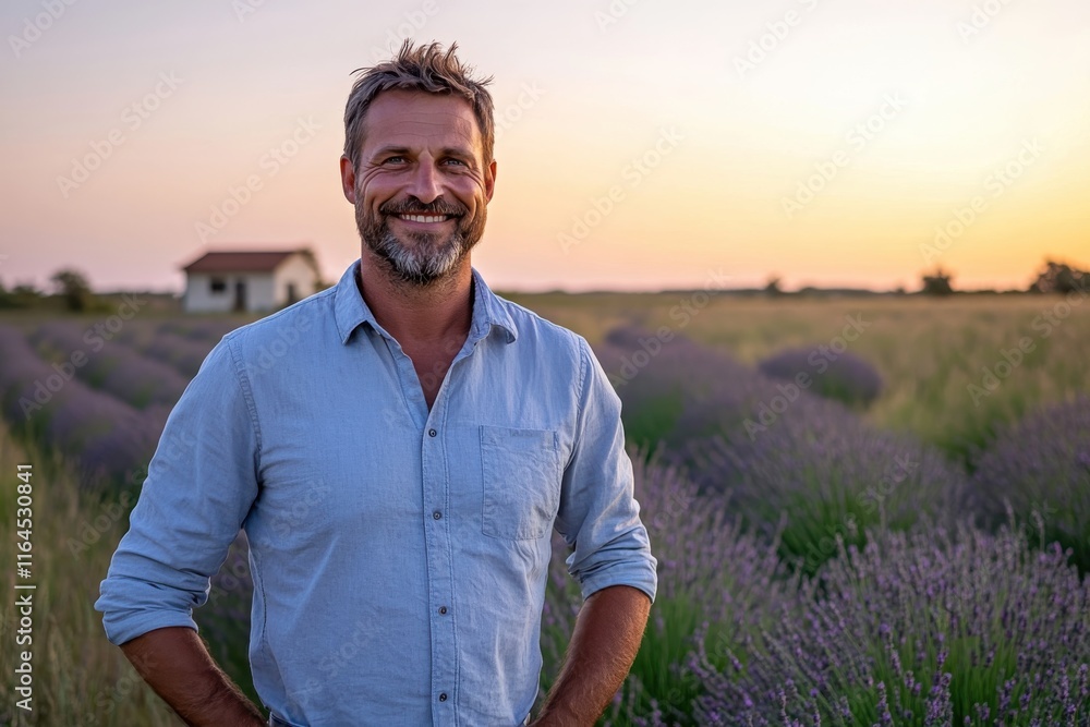 A joyful man stands amidst blooming lavender fields at sunset, capturing a serene moment in nature, representing tranquility, happiness, and connection to the earth.