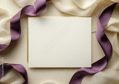 Elegant blank invitation card surrounded by luxurious ribbons on a soft background