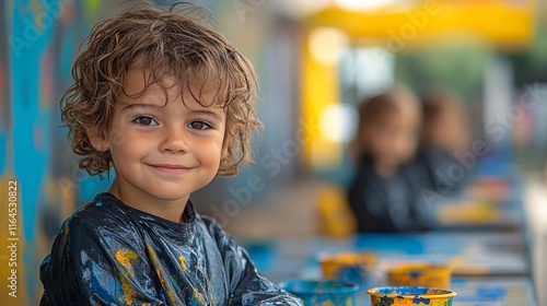 Young child enjoying art activity with colorful paints at a creative workshop