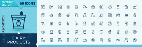 Dairy Products linear icon collection. Featuring glass, organic, milking, yogurt, pack, ice, milk and more. Collection for mobile and web apps. Vector illustration in modern line style.