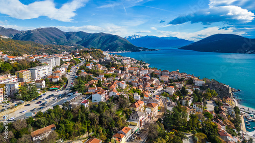 Herceg Novi, a charming coastal town in Montenegro, captured from the drone, reveals its picturesque Adriatic coastline, historic old town, and lush greenery