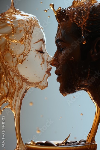 Concept of coffee cups and a splash of coffee and milk in the form of a man and a woman