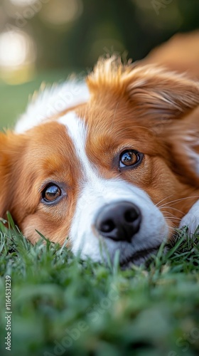 Relaxed dog resting on green grass in a sunny park during the afternoon
