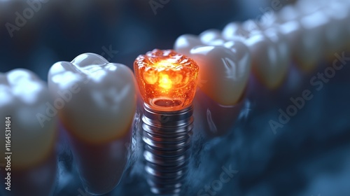Educational model with post of dental implant between teeth and crowns