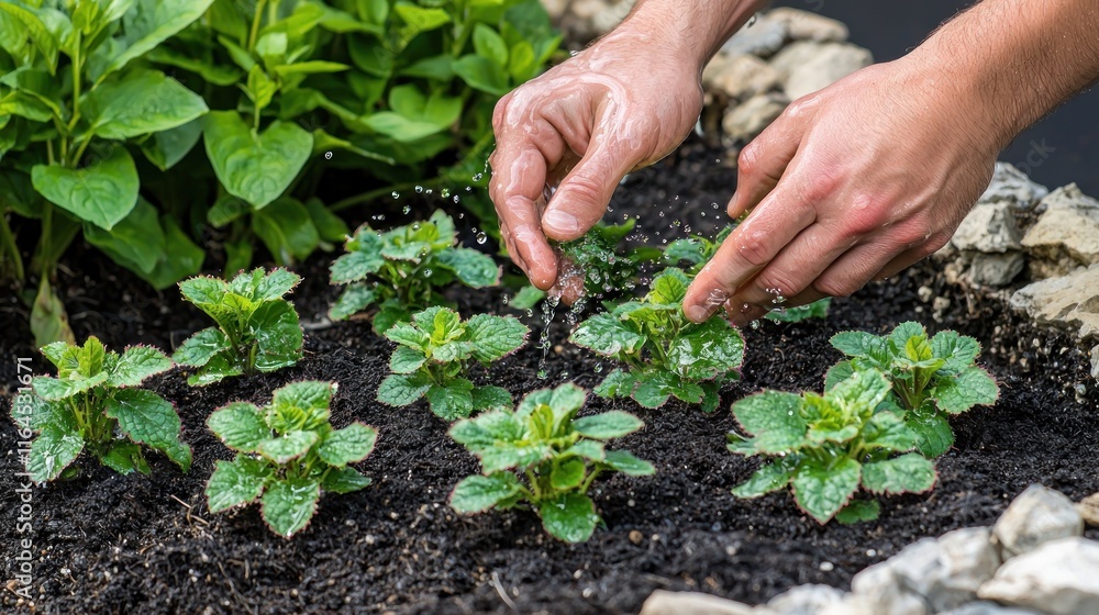 Hands tending to young plants in a garden bed. Hands tending to young plants in a garden bed.
