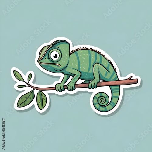 Cartoon Chameleon on Branch, Sticker Design. Generative AI