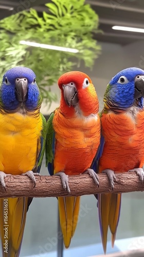 Colorful parrots perched on a branch in a lush garden during daytime