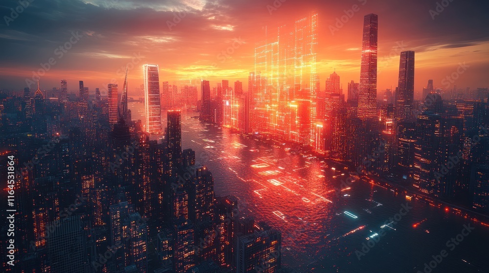 Fototapeta premium A futuristic cityscape at sunset, featuring glowing skyscrapers and reflections on water.