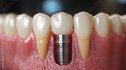 Educational model with post of dental implant between teeth and crowns