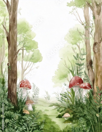 Watercolor illustration-Fairy forest. Children's interior Wallpaper. photo