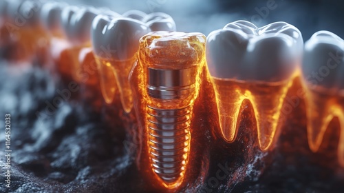 Educational model with post of dental implant between teeth and crowns
