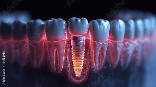 Educational model with post of dental implant between teeth and crowns