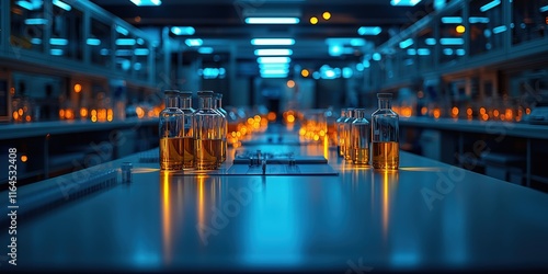 Modern Medical Research Laboratory with Microscope and Test Tubes with Biochemicals on the Desk.