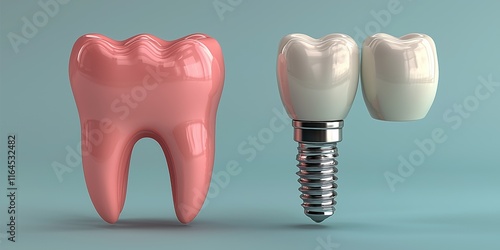 Educational model with post of dental implant between teeth and crowns