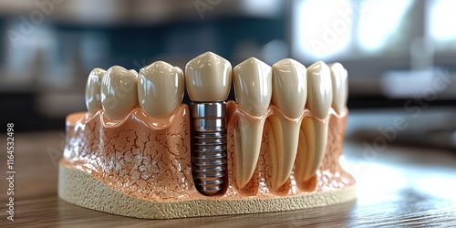Educational model with post of dental implant between teeth and crowns
