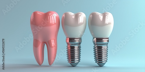 Educational model with post of dental implant between teeth and crowns