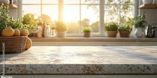 Wooden table in modern kitchen interior with summer daylight. Mockup