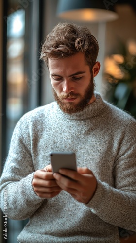 Young man in a cozy sweater focused on smartphone in a modern indoor setting ...