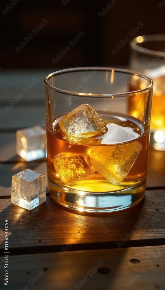 Golden corn whiskey, ice cubes, wooden surface, rustic, alcoholic, kentucky Golden corn whiskey, ice cubes, wooden surface, rustic, alcoholic, kentucky