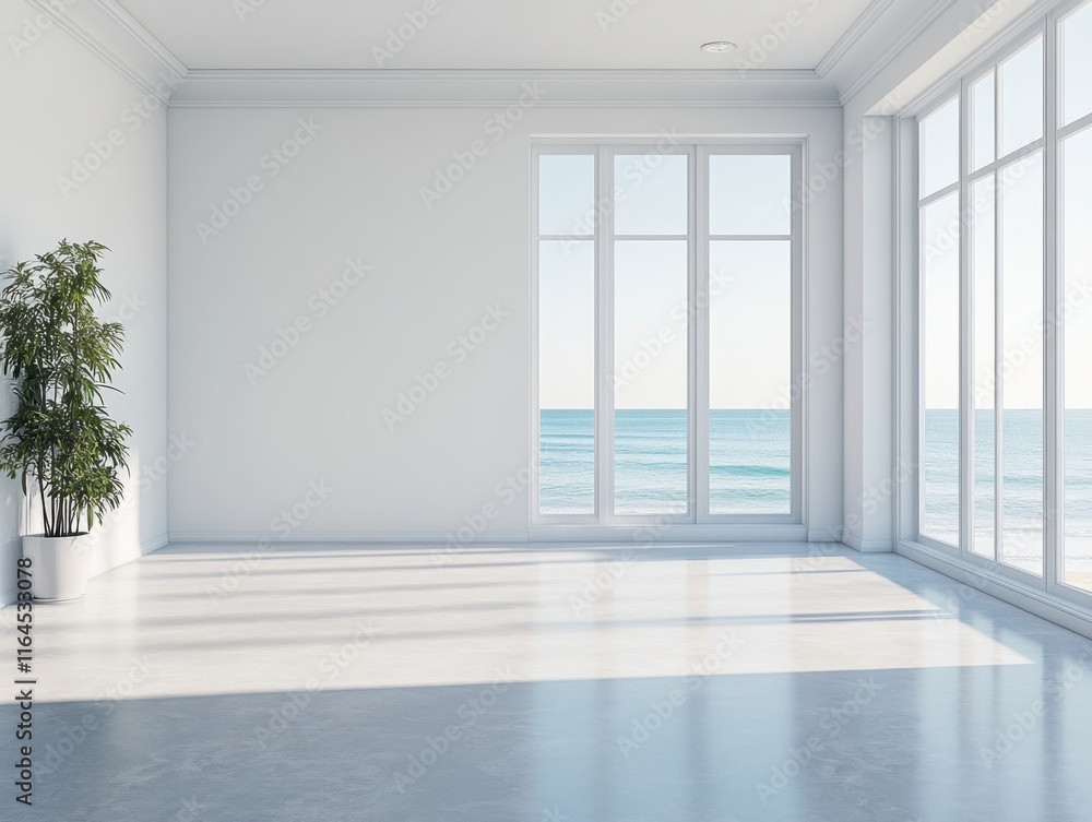 Obraz premium A large open room with a window overlooking the ocean. A potted plant sits in the corner