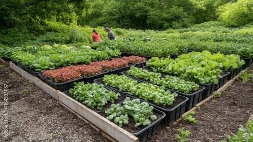 Gardening enthusiasts cultivate fresh vegetables in community garden during s...